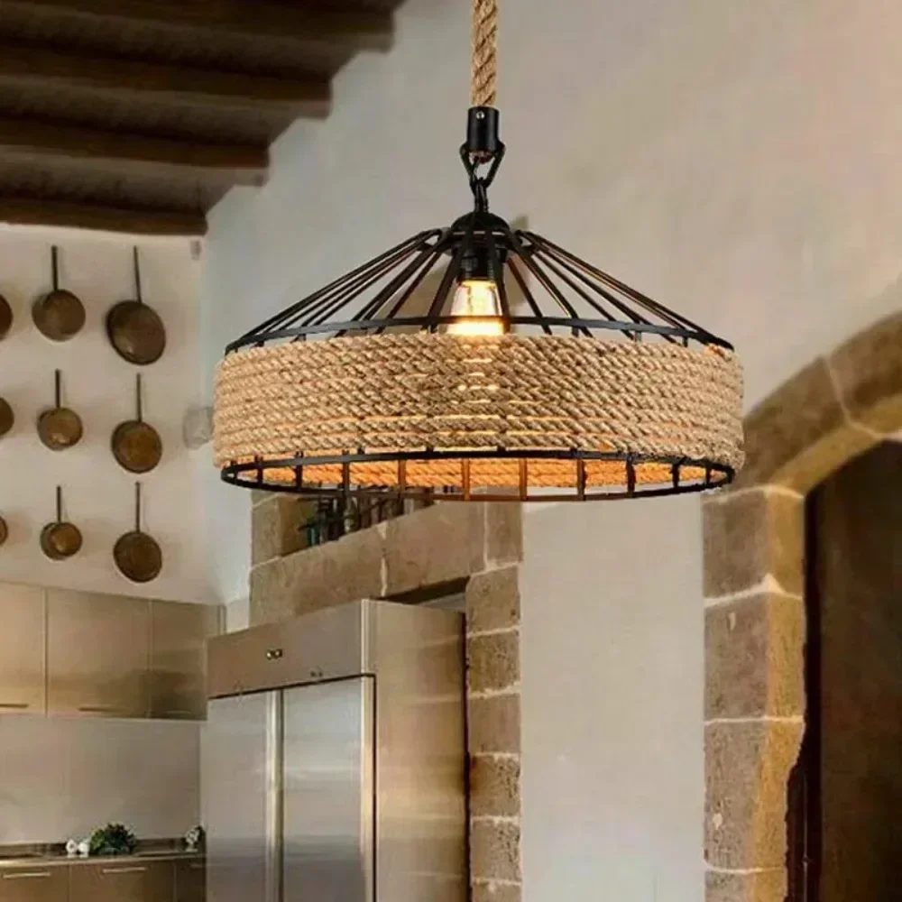 JOYINLED Vintage Hemp Rope Pendant Light Fixtures Dia 30cm 40CM for Library, Stairway, Bar Counter, Boutique, Kids Room, Kitchen