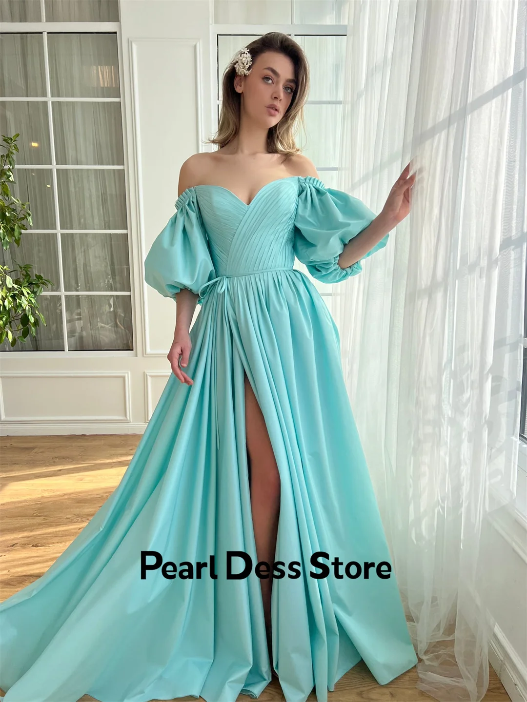 2024 New Sweetheart Bubble Sleeves Satin A-Line Floor to Floor Dress Customized Evening Ball Evening Dress