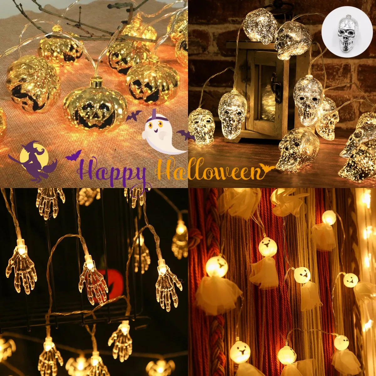 150cm 10LED Halloween LED String Lights Portable Pumpkin Ghost Skeletons Lights for Home Bar Halloween Party Decor Supplies 2023