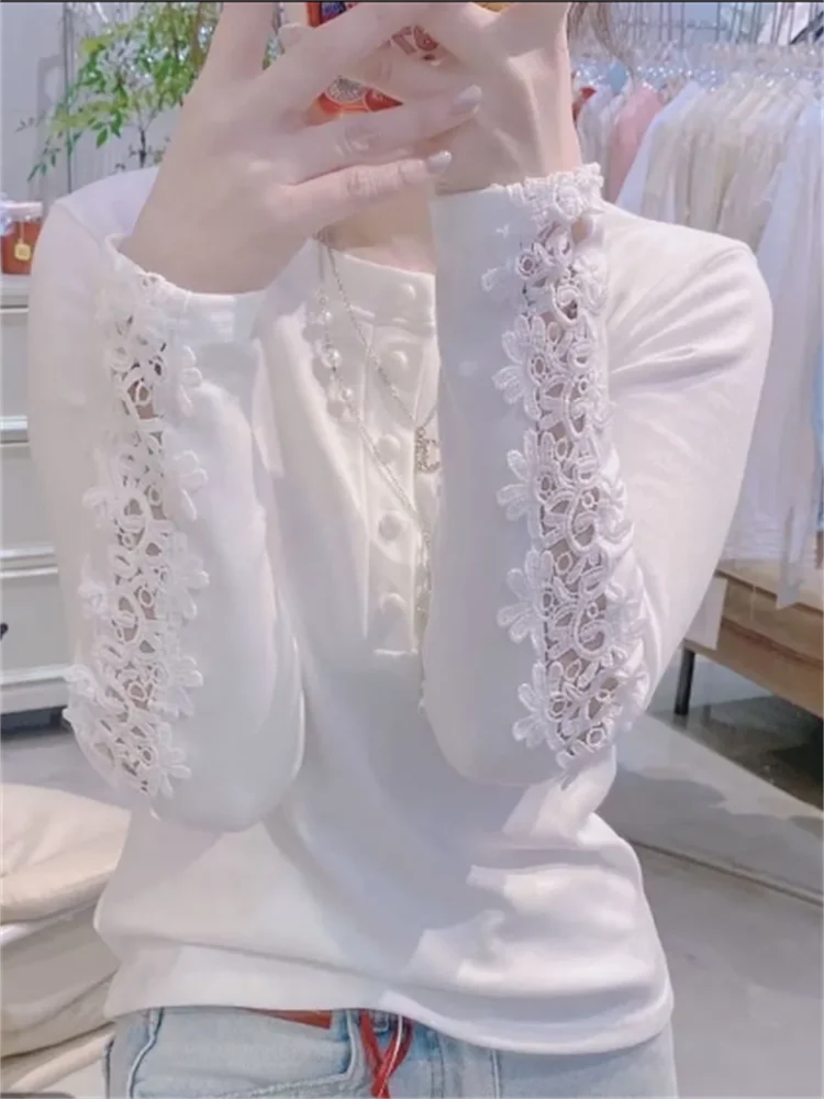 Lace Splicing Tshirt Ladies Base Top White Blous Long-sleeved T-shirt Bottoming Top Hollow Pullover Female Tees
