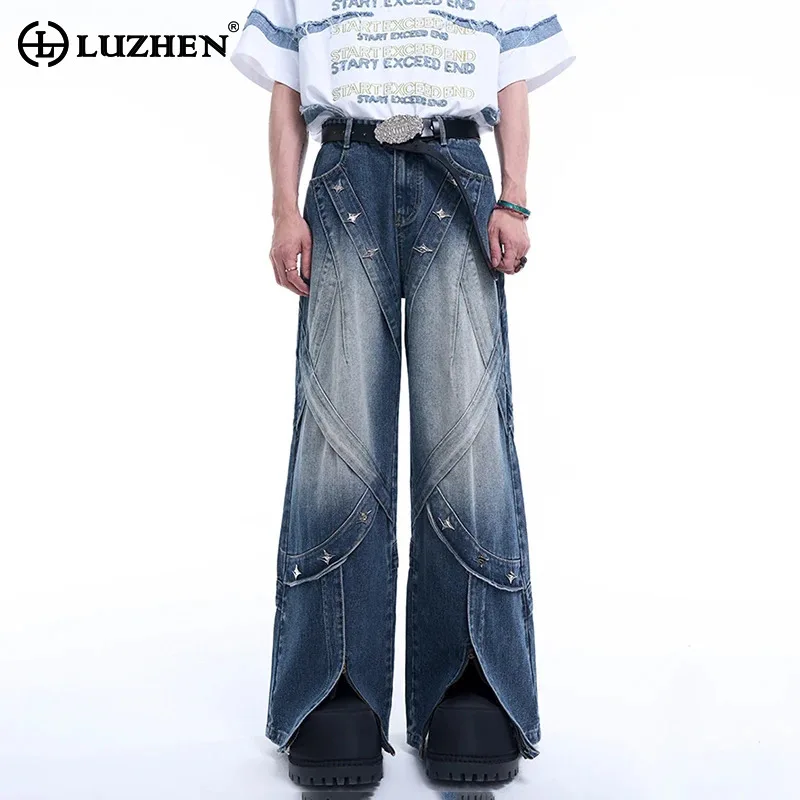 LUZHEN Metal Decorate Design Personalized Trendy Split Straight Denim Pants Original High Quality Baggy Washed Jeans Men LZ4899