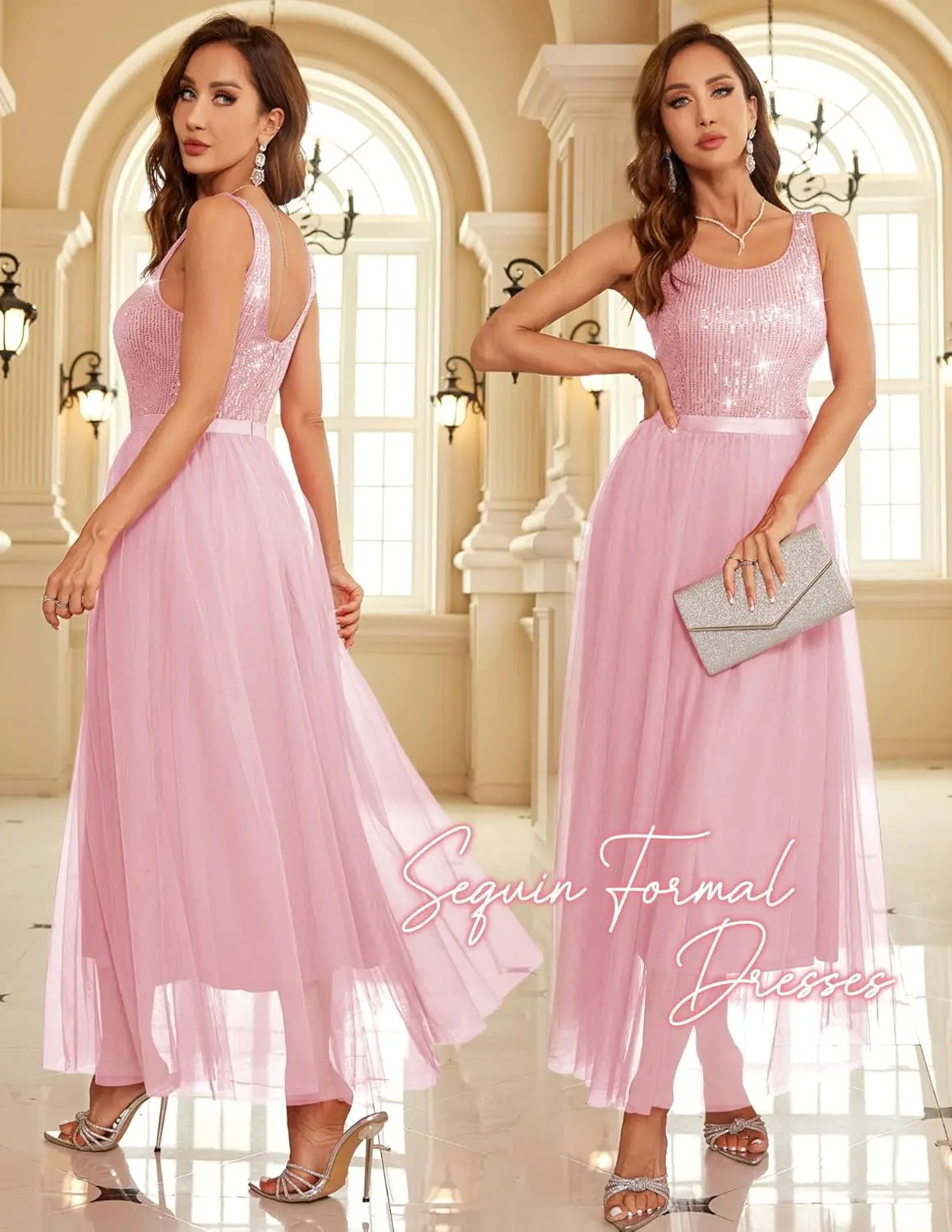 スパンコールドレス女性のためのヴィンテージ A ライン結婚式フォーマルスイングメッシュドレスノースリーブカクテルマキシドレス