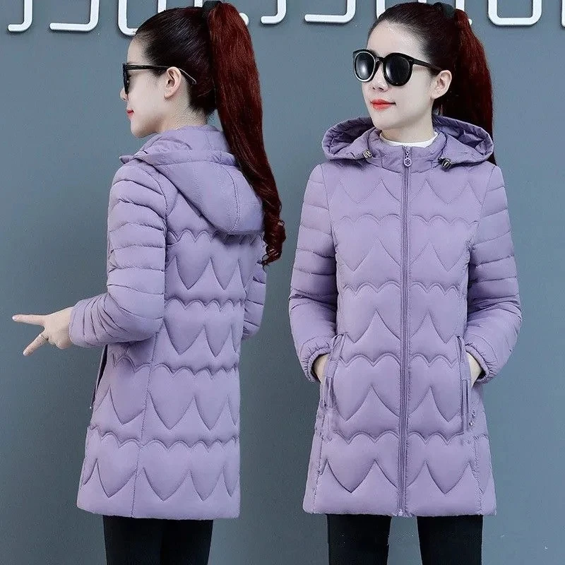 Women's Thin Down Cotton-Padded Jacket, Elegant Overcoat, Loose Warm, Detachable Hooded, Long Coat, 6XL, Autumn, Winter, 2023