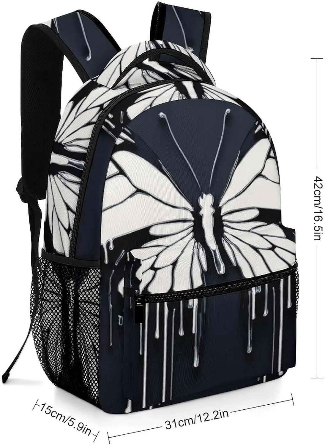 Rucksack 16 Zoll leichte große Büchertasche Schwarz-Weiß-Schmetterlings-Tagesrucksack für Reisen, Büro, Arbeit