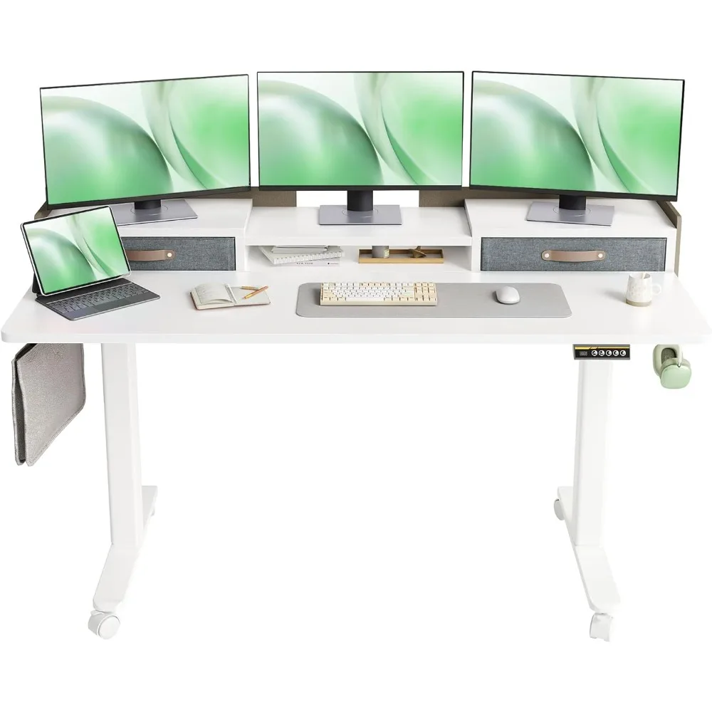 Mesa de pé com gavetas, mesa de pé elétrica ajustável em altura ajustável com prateleira de armazenamento e placa de emenda, 5