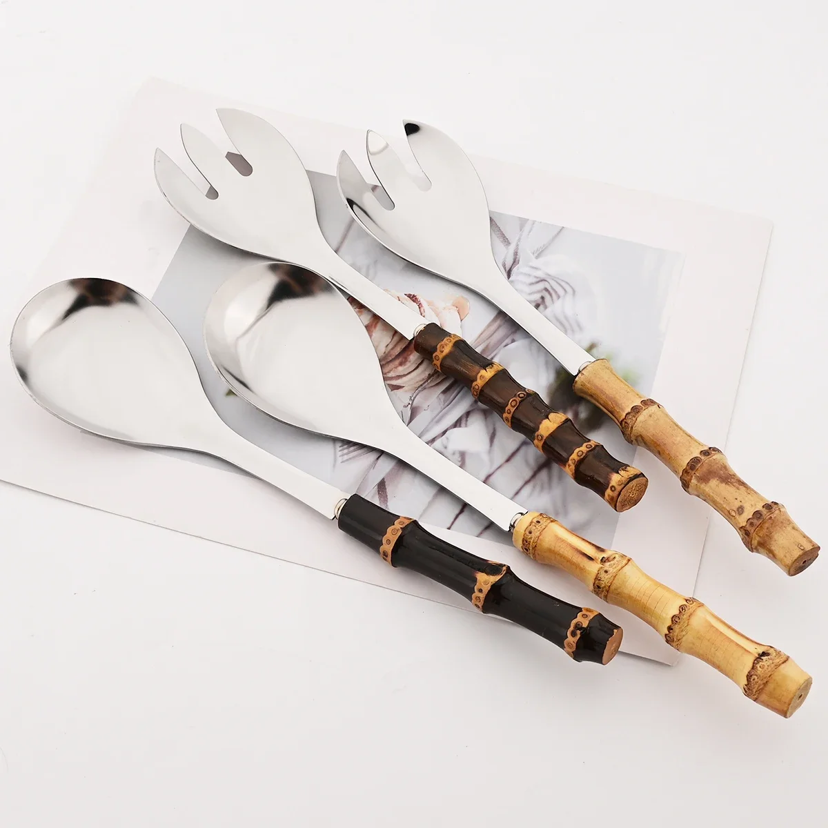 2/4pcs Bamboo Handle Dinnerware Set Salad Fork Spoon Cutlery Set Mirror Stainless Steel Flatware Western Home Kitchen Tableware