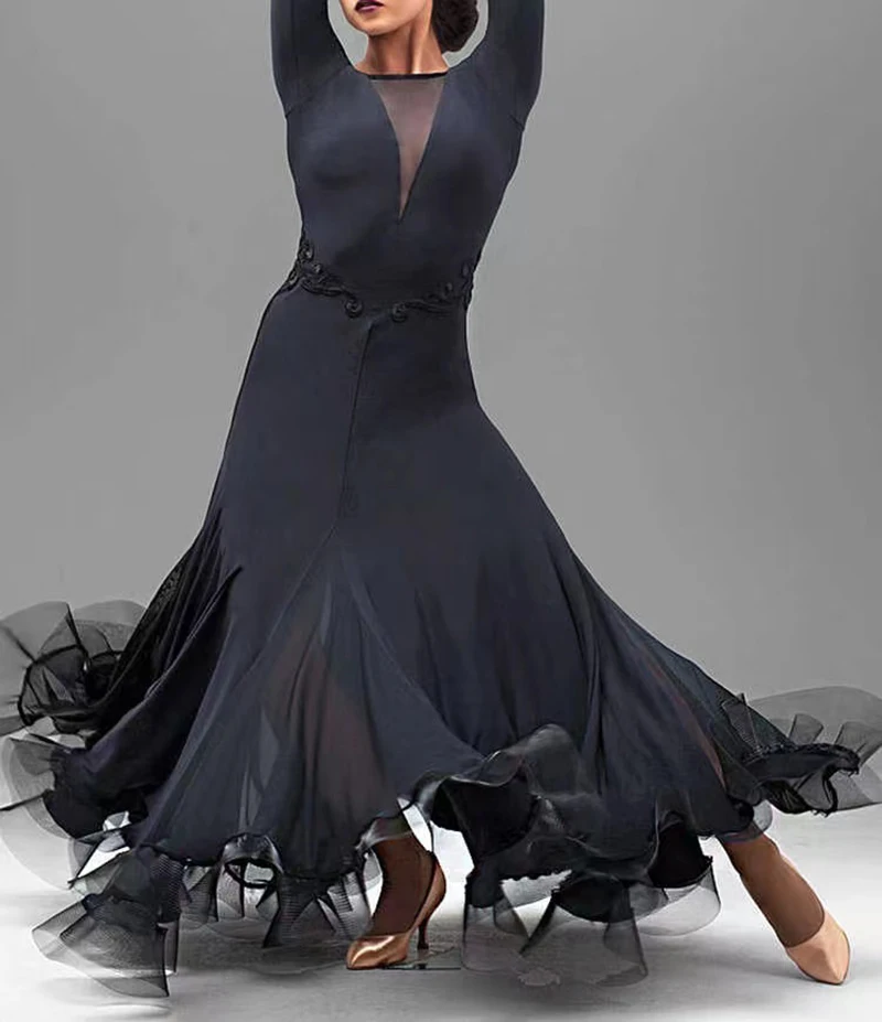 Black Ballroom Competition Dance Dresses Women High Quality Flamenco Skirt Lady's Elegant Long Sleeve Standard Ballroom Dress