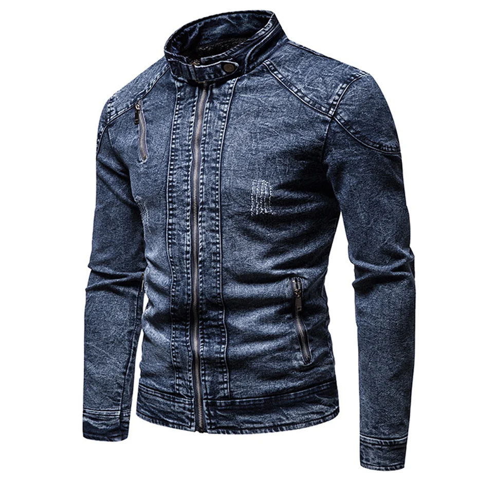 Blue Denim Jacket Men Motorcycle Jacket Spring Autumn Slim Fit Jackets Fashion Casual Stand Collar Denim Coat Male