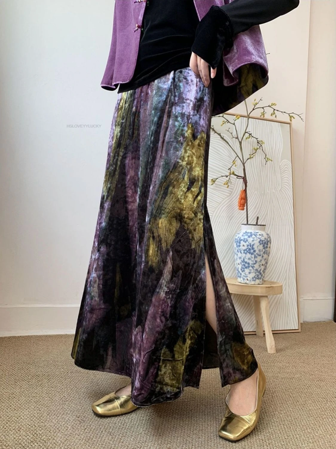 

Chinese Style High-waisted A-line Long Skirt Autumn New Retro Fashionable Pleated Skirt Women Split Qipao Jacquard Skirt