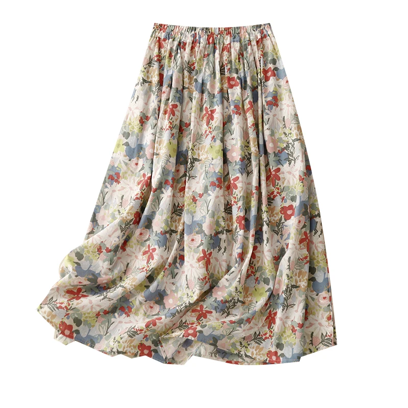 Retro Oil Painting Sle High Waist Slim A-Line Midi Skirt for Women Summer Floral Print Trendy Cotton Blend Casual Skirt