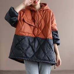 2023 New Autumn Winter Cotton Jacket Women Lightweight Splicing Loose Hooded Pullover White Coat Parkas Hoodie Outerwear