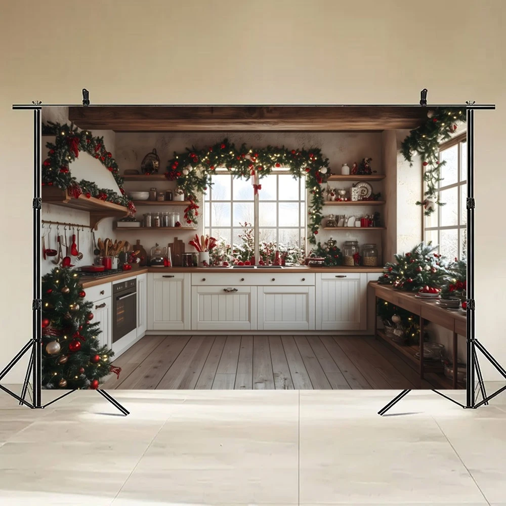 Winter Christmas Kitchen Scene Backdrops Cabinets Window Xmas Kids Adult Family Portrait Photography Background Photo Studio