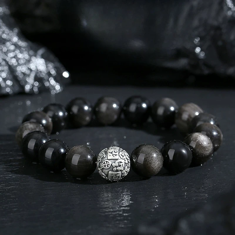 Natural Obsidian Beaded Bracelet 999 Silver Auspicious Bead Chinese Style Fortune Attracting Amulet For Men Women Spiritual Jewe