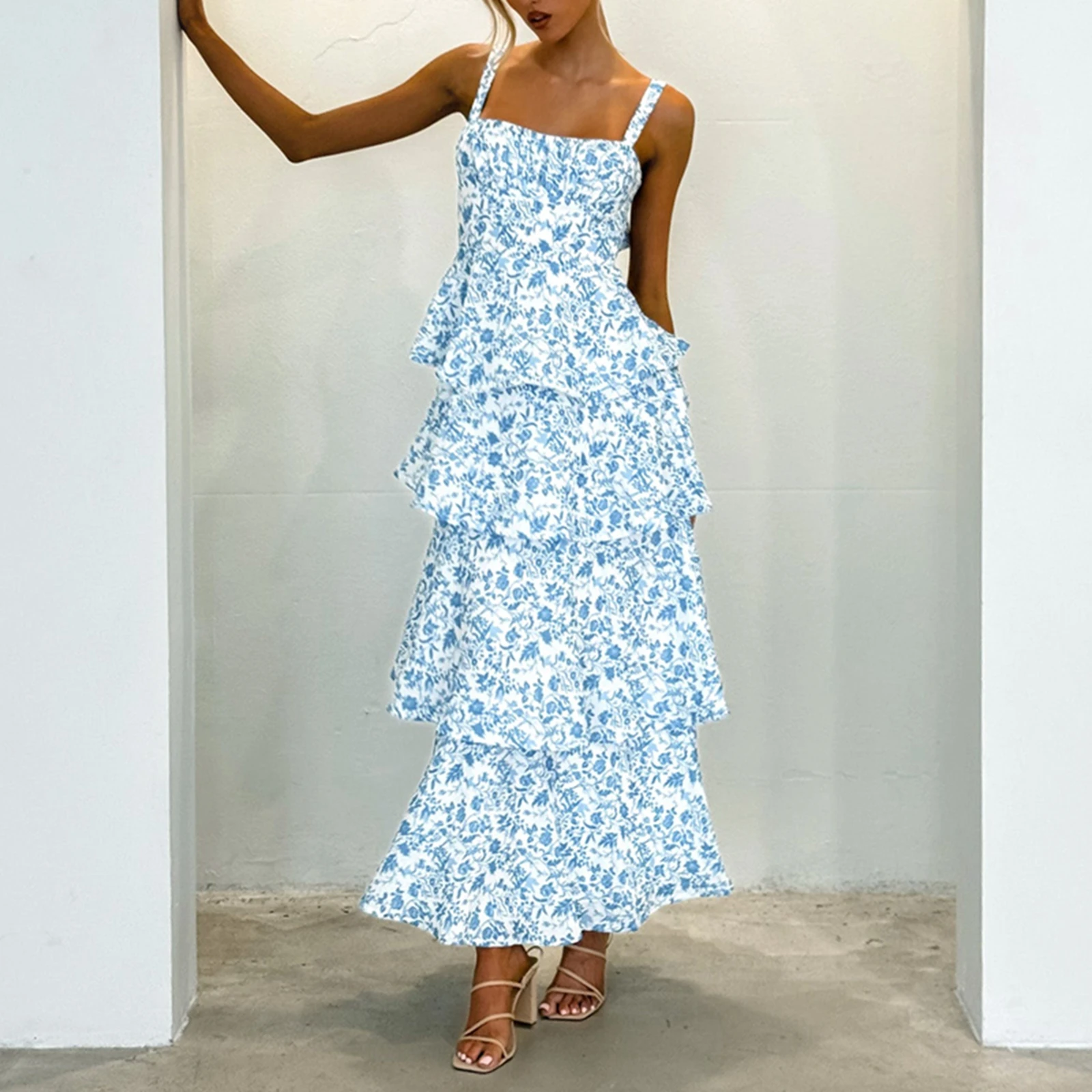 Vrouwen Y2K Ruffle Tiered Flowy Jurken Boho Bloemen Maxi Jurk Spaghetti Ruglooze Voor Strandvakantie Zomerfeest Dagelijkse slijtage