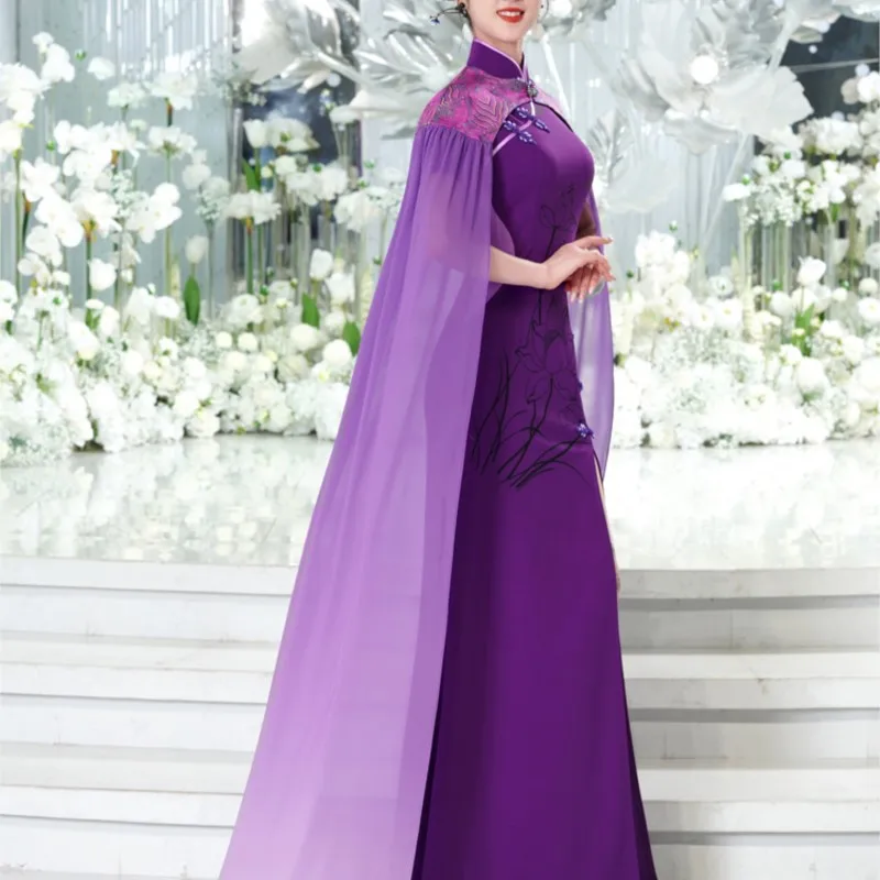 The new elastic, non-ironing purple shawl can be detachable two-piece catwalk cheongsam