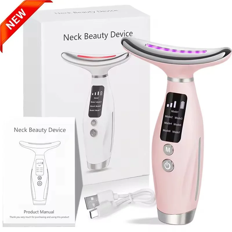 7 طرق 3 مستويات جهاز تجميل الوجه والرقبة تدليك الاهتزاز تحسين خطوط الرقبة 7 ألوان LED أضواء المنزل استخدام آلة شد الوجه #2