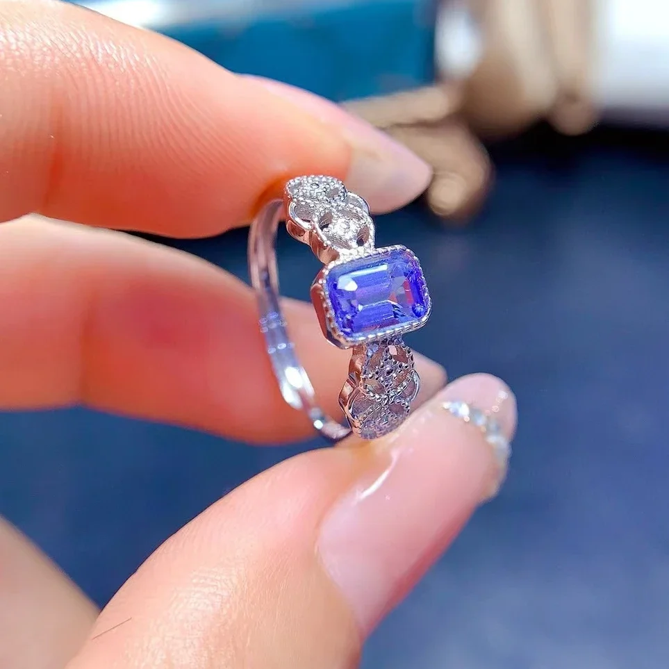 

100% Natural Tanzanite Ring for Engagement 4mm*6mm 0.55ct Tanzanite 925 Silver Ring with 18K Gold Plated