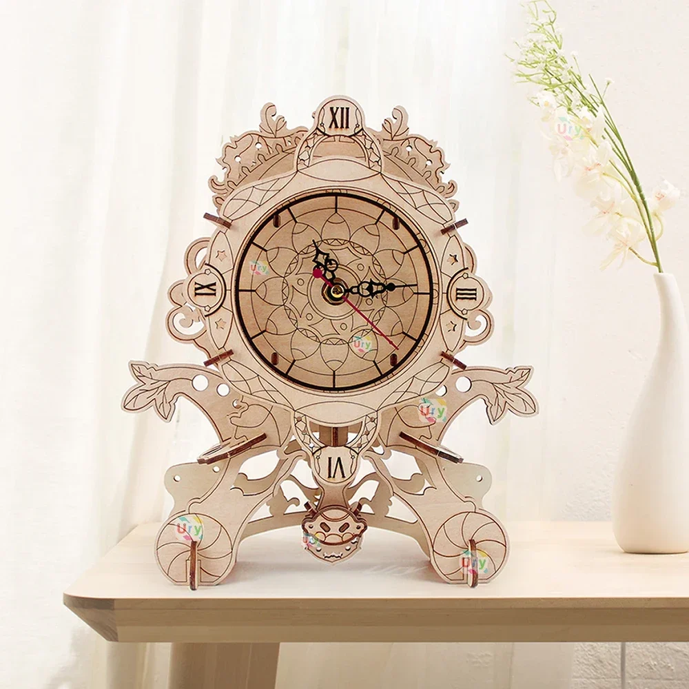 URY 3D Wooden Puzzle Retro Wall Clock Mechanical Model Building Luxurious Style Pendulum Assembly Home Decoration for Kids Gifts