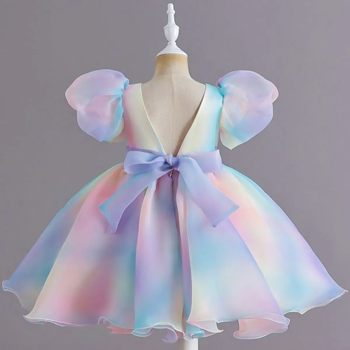 1 piece princess style mesh ruffles colorful fabric soft thin section bubble sleeve dresses for little kids girls