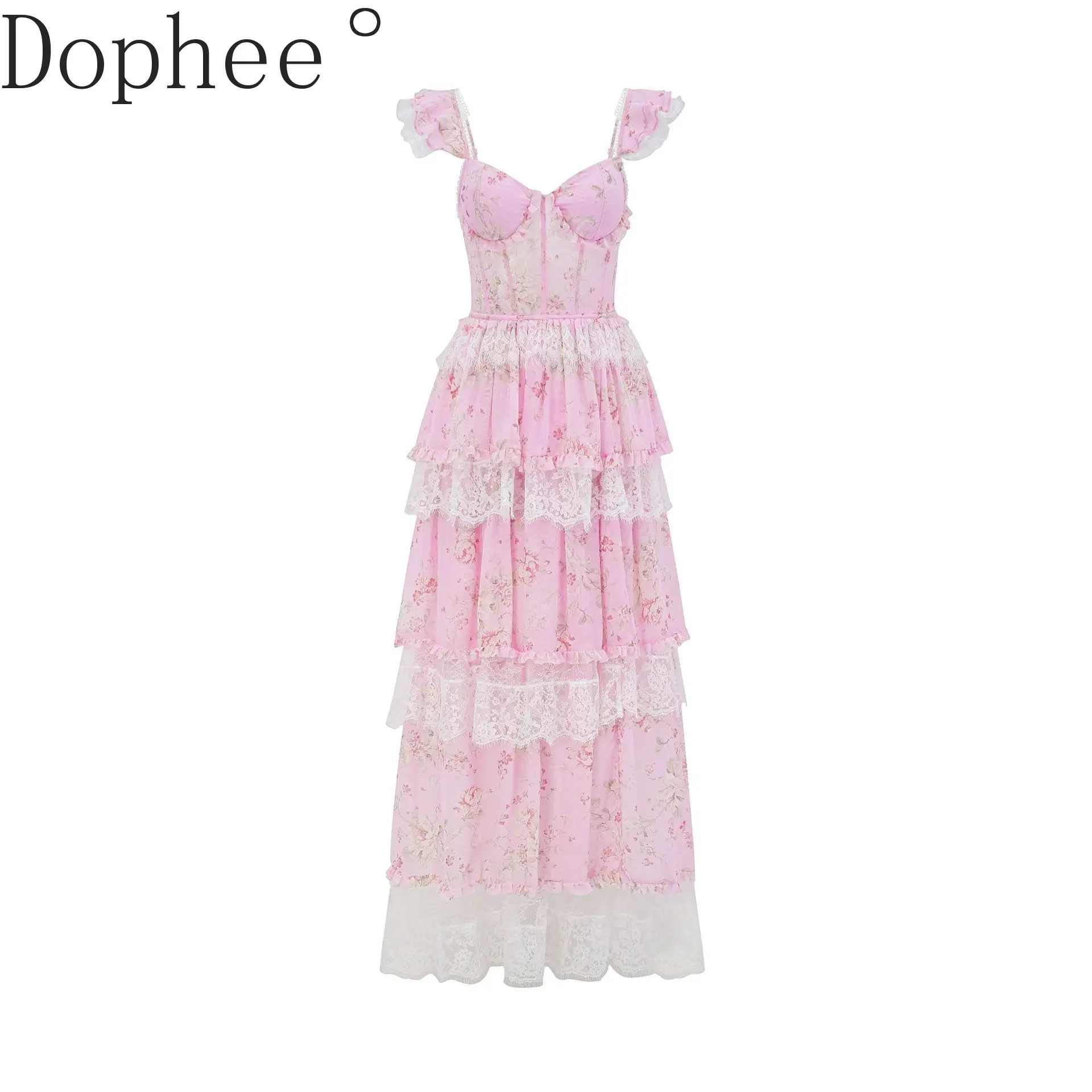 

Cute Floral Printing Suspender Dress New Summer Elegant Lace High Waist Fairy Dress Mopping Floor Sleeveless A-line Formal Dress