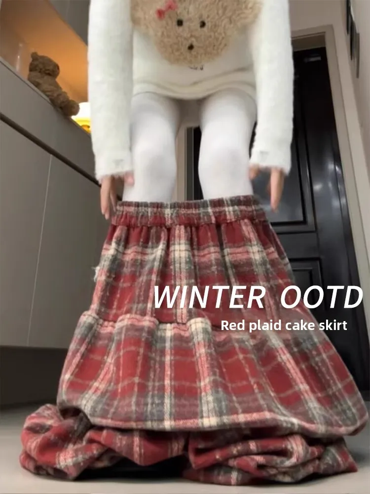 

Red Plaid Cake Skirt Women's Autumn Winter Mid-Length A-Line Midi Skirt High Waist Slimming Woolen Skirts Korean Sle