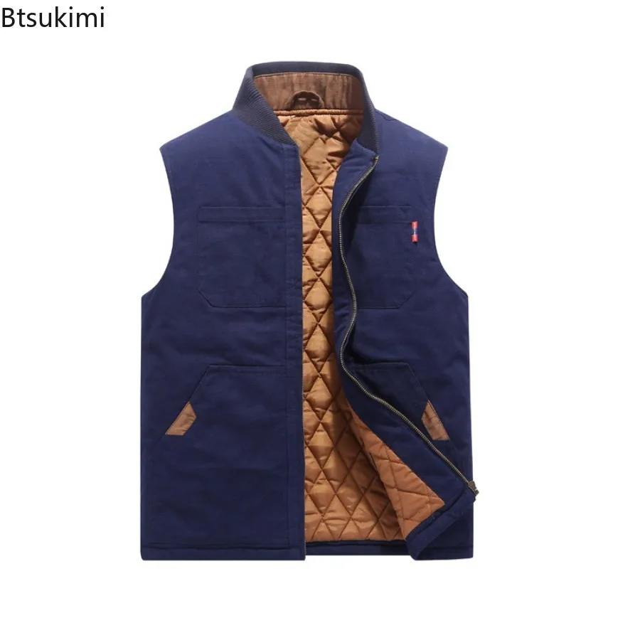 New Men's Cotton Thickened Vests Autumn Winter Baseball Neck Zipper Sleeveless Jackets Male Outdoor Casual Padded Waistcoats 6XL