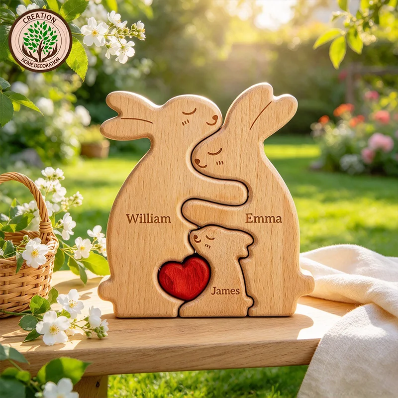 Personalized Rabbit Puzzle Wooden Art Free Customization Name Family Anniversary Festival Christmas Warm Home Decoration