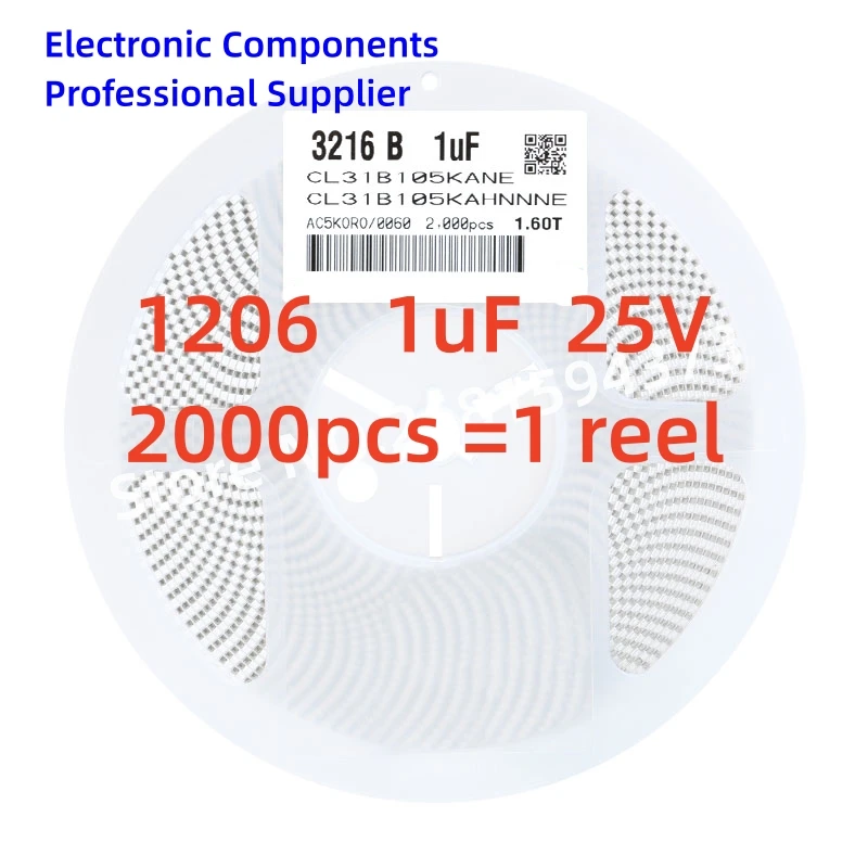 

2000pcs/reel SMD chip capacitor 1206 1UF 105 10V 16V 25V 50V 6.3V 3216 3.2X1.6mm 10% X7R CL31A105KAHNNNE NEW High quality 1 reel