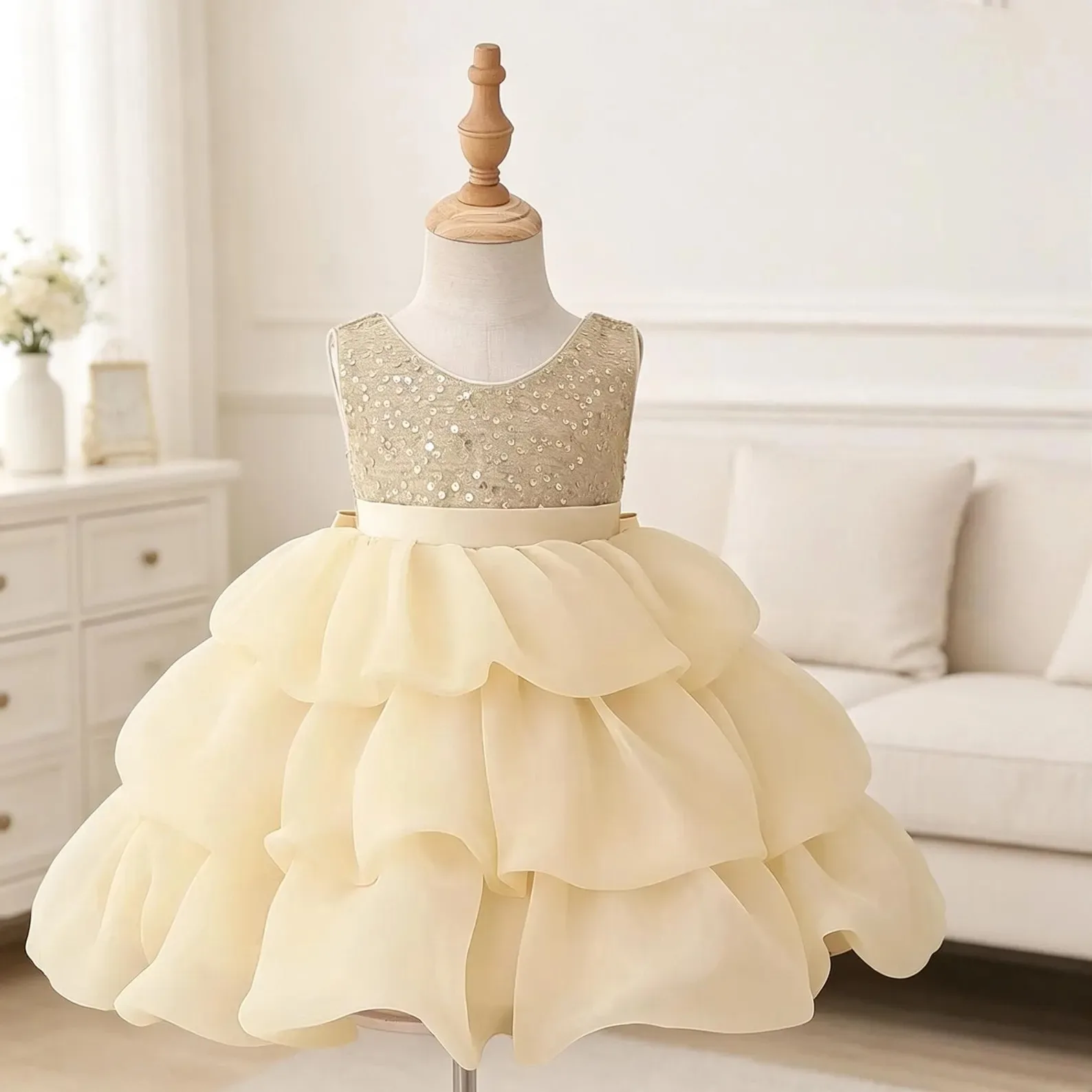 Custom luxury children's sequined flower girl dress sleeveless multi-layered ruffled mesh skirt 2026 girls birthday tutu skirt