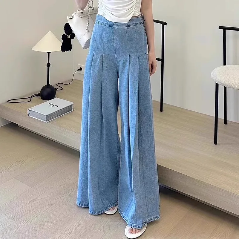 

Vintage Blue Wide Leg Jeans Women Streetwear 2023 Gradient Loose Denim Pants Ladies Korean Fashion Elegance Jeans Mom