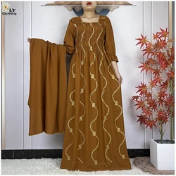 New African Abaya Women Elegant Dress Collect Waist Straight Cotton Embroider Dress Loose Caftan Femme Clothing Islamic Dresses