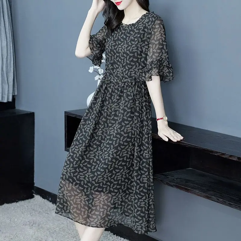 

Женское шифоновое платье макси с цветочным принтом, круглым вырезом, пышными рукавами, свободного кроя, А-силуэта, романтичное, для весенне-летнего отпуска, струящееся платье S522