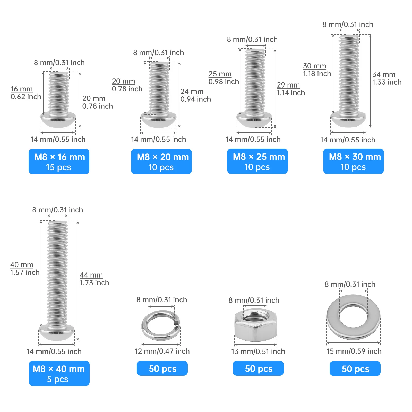 200 pcs Stainless Steel M8-1.25 x16/20/25/30/40 mm Button Head Socket Cap Screws Bolts Nuts and Flat Washers Assortment Kit