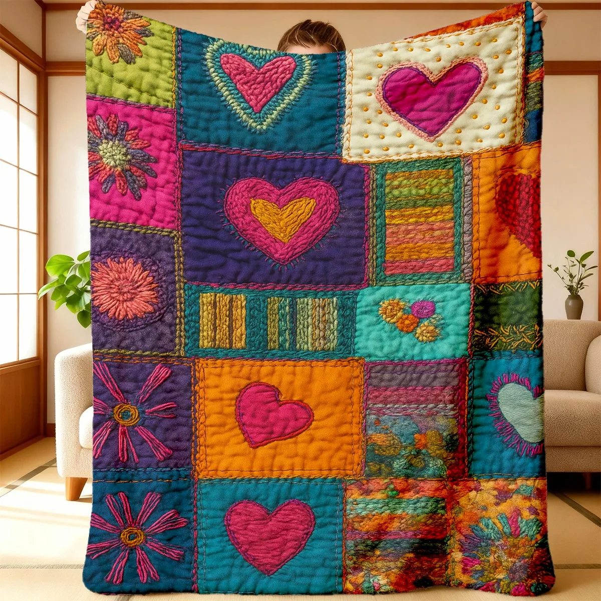 1pc Best Friend Gift Blanket - Vintage Heart & Floral Patchwork Design, Soft Flannel All-Season Cozy Throw for Sofa, Bed, TV Roo
