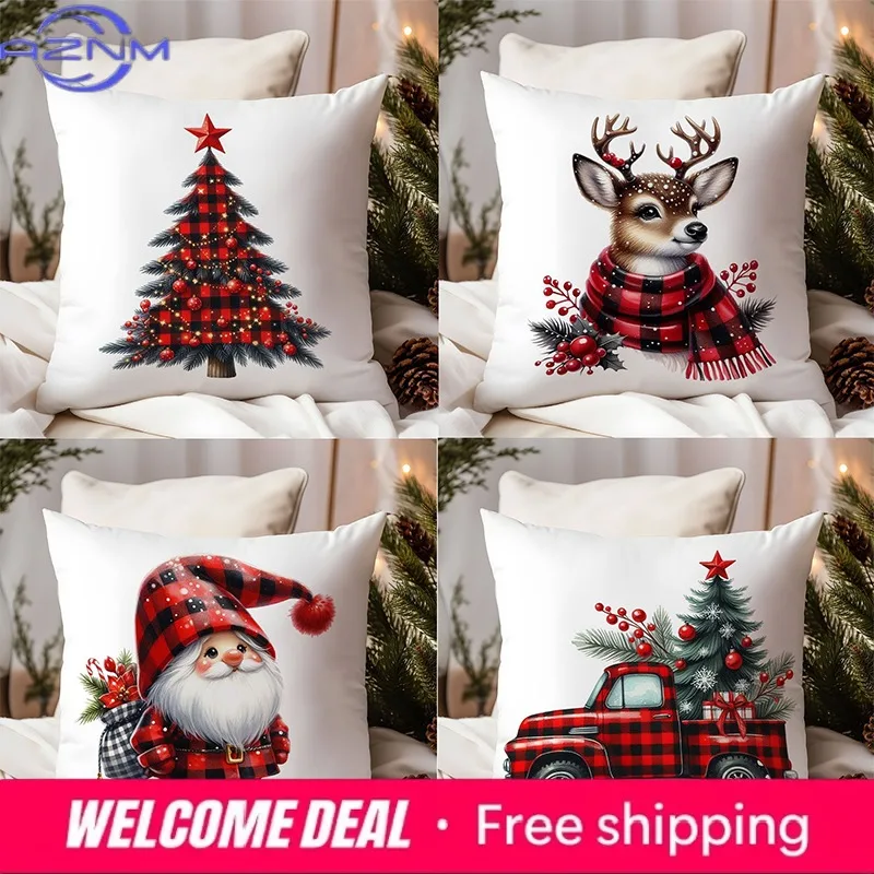 Christmas Pillows With Tree Deer Santa Truck Square polyester pillowcase, modern sofa decorative cushion cover