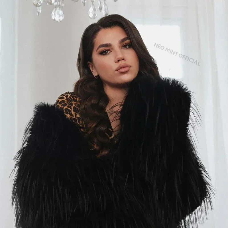 Neo Mint 2024 Winter Tassels Faux Fur Coat for Women Stylish Chic Fluffy Fur Jacket Furry Fox Fur Overcoat Girl Shaggy Outerwear