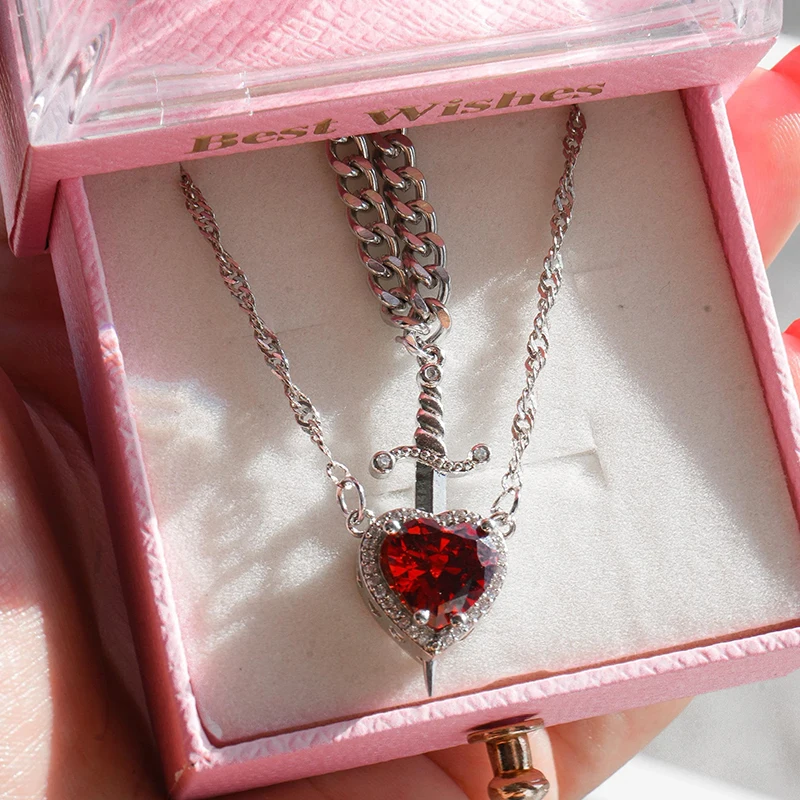 2 قطعة/المجموعة القلب والسيف قلادة زوجين القلائد الزركون كريستال الفضة مطلي المختنق قلادة مجوهرات لهدية عيد الحب #1