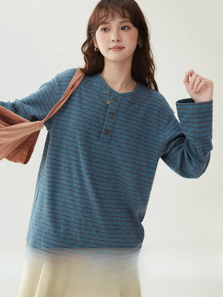 

AMUU Blue Striped Loose Long Sve round Ne T-irt Women's Early Spring New Sle Japanese Loose Fit Top Commute Sle
