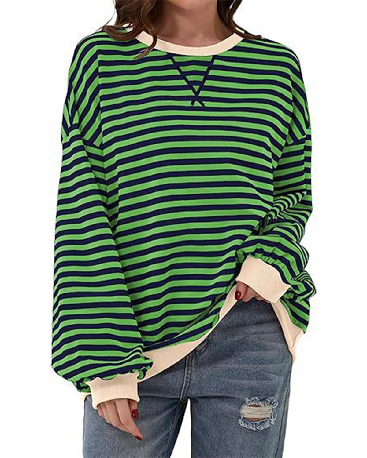 2024 Autumn and Winter Simple Home Leisure New Style Striped Pattern Round Neck Trendy Long Sleeve Hoodie Color blocked T