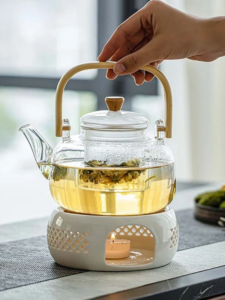 

Handle Glass Tea pot Heat-Resistant Teapot Flower Kettle Large Clear Fruit Juice Container Ceramic Holder Base