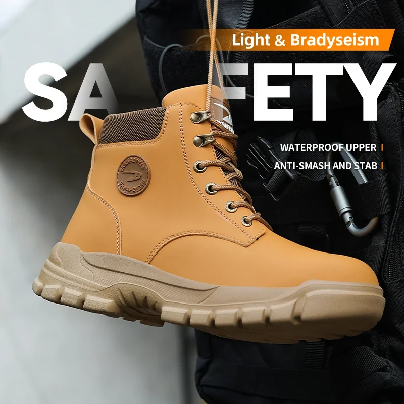 Anti-smash Work Safety Boots for Men, Steel Toe Shoes, Puncture-proof, Indestructible, Waterproof Sneakers Brown Boots