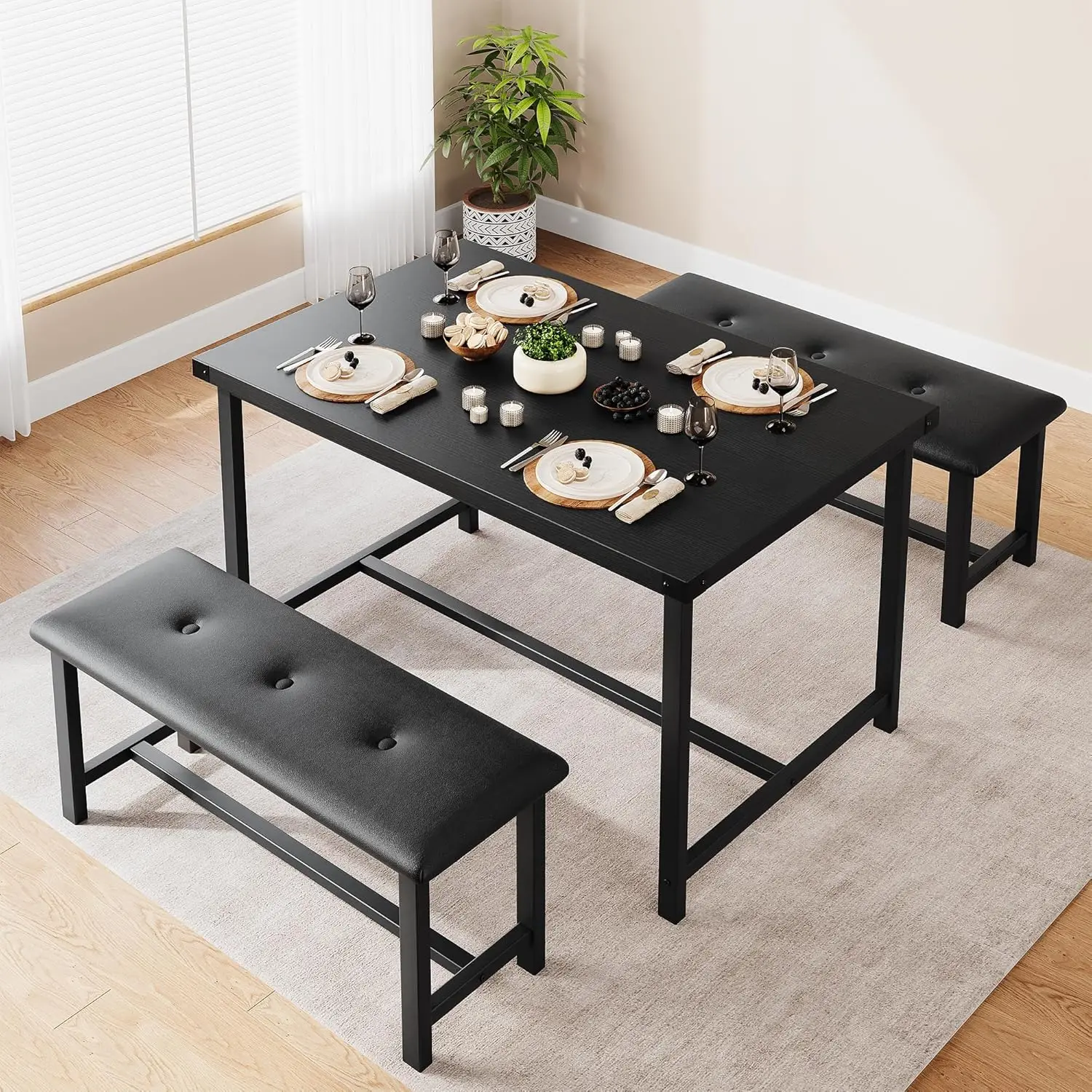 Dining Table Set for 4, Kitchen Table with Benches, Rectangular Dining Room Table Set with 2 Upholstered Benches,