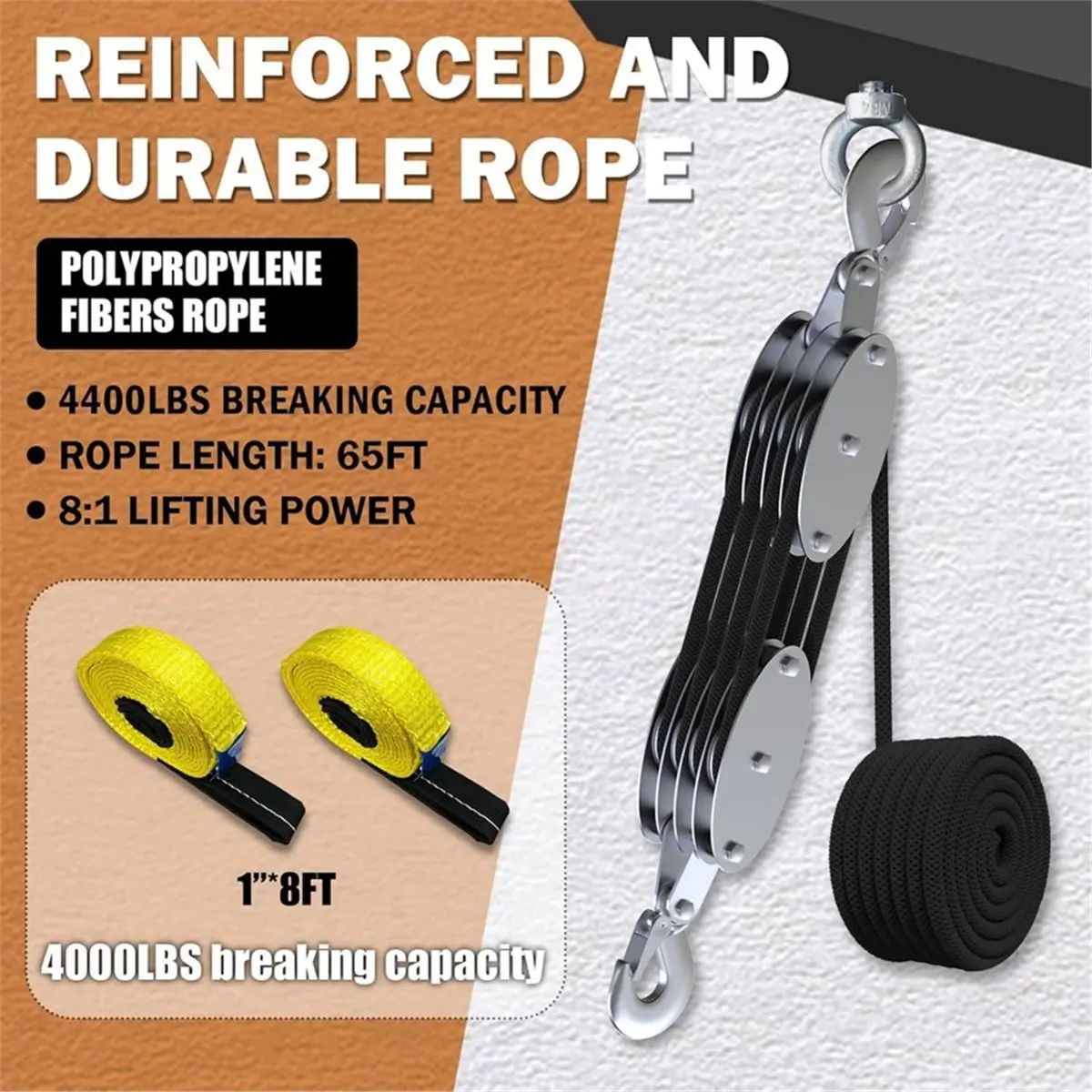 Rope Hoist Pulley System W/2 Tow Straps, Block and Tackle 4400LBS 8:1 Power, 65FT Polypropylene Fibers Rope