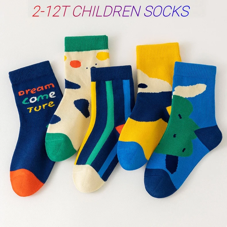 5 Pairs Kids Crew Socks Contrast Color 2-12T Boys Cotton Socks Soft Breathable Children Mid Calf Socks