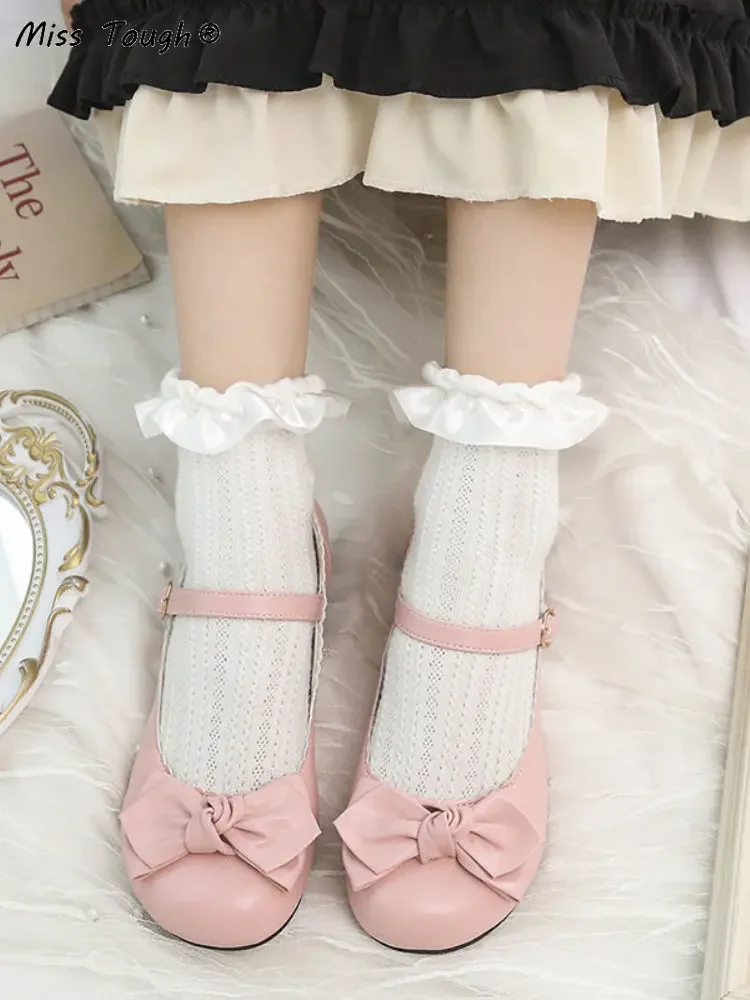 Autumn Lolita Cute Mary Janes Shoes Women Japanese Style Pure Color Bow Kawaii Sandals Female Round Toe Buckle Casual Shoes 2024