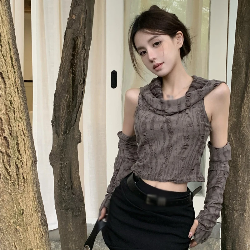 المرأة مثير تنفس سترة مقنعين مع الأكمام ، قمم المتعثرة الرجعية ، تناسب ضئيلة ، أزياء الصيف #6