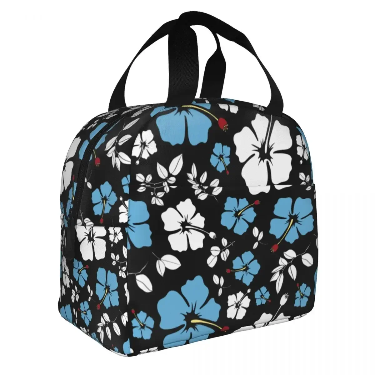 Lunch Bags for Women Kids Blue And White Hibiscus Black Insulated Cooler Waterproof School Oxford Lunch Box Food Bag