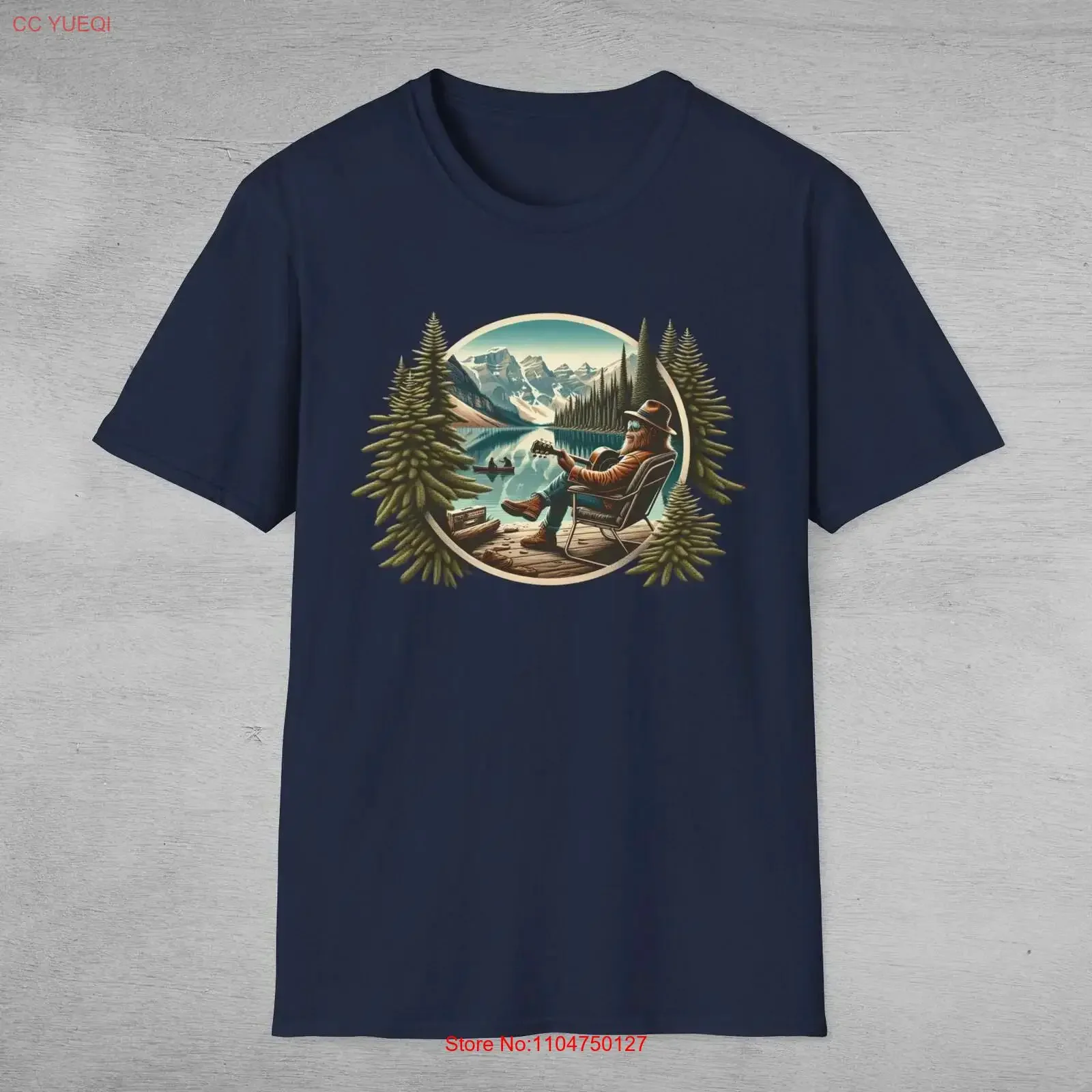 Bigfoot at the Lake T Shirt Sasquatch Camping Funny Outdoor Adventure Cryptid Music Lover playing guitar vintage Washed graphic