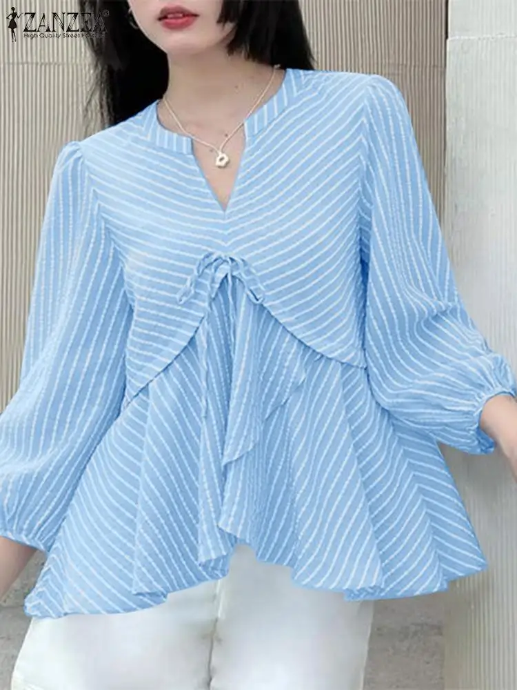 ZANZEA Vintage Chic Bandage Pleated Shirt Elegant Stripes Women Blouse Korean Bow 3/4 Lantern Sleeve Tops Fashion Party Tunics