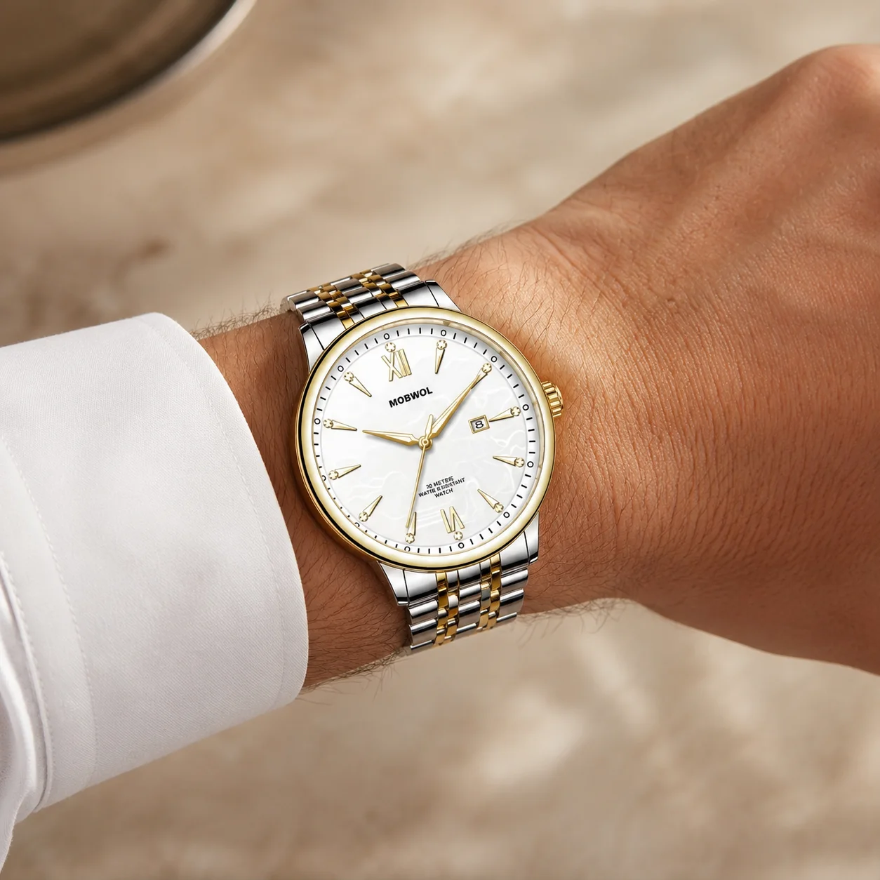 MOBWOL Men Quartz Watch Business Luxury Wristwatch  Stainless Steel Bracelet White Dial  Date Waterproof Male Clock Gift For Men